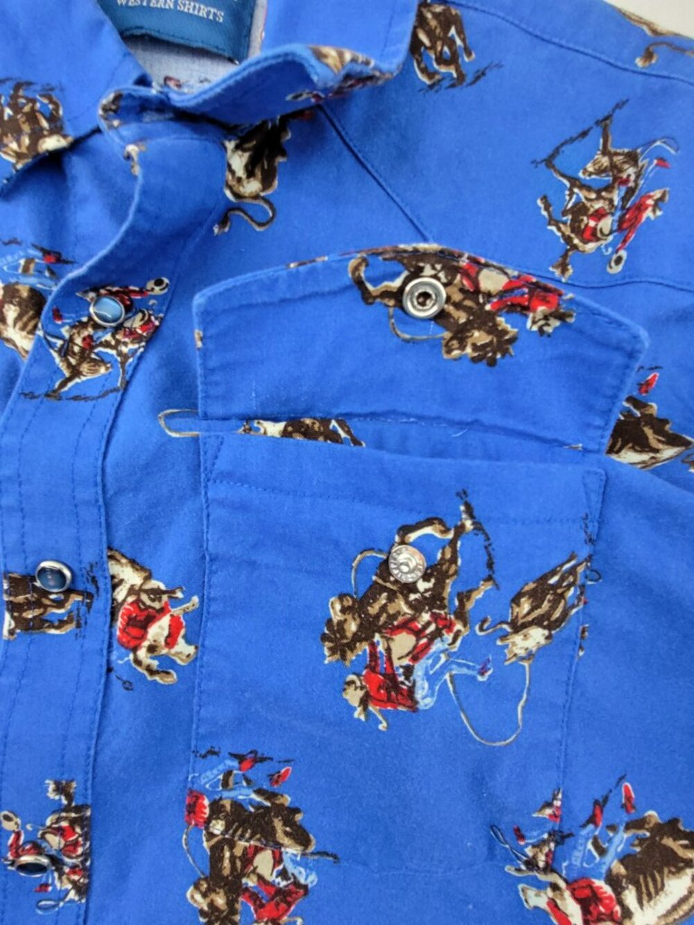 Vintage Wrangler Western Shirt Boys XL Blue Pearl Snap Cowboy Horse Roping Youth - Picture 14 of 16